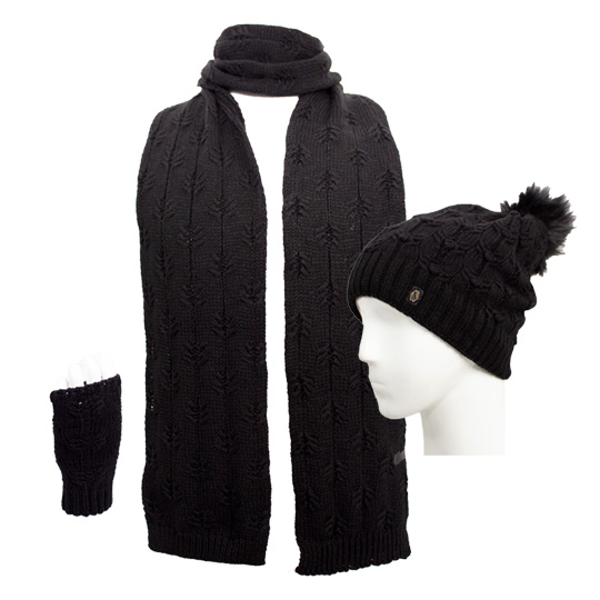 سه تکه طرح شکوفه کلاه-پوم-دار-و-شال-بلند-و-دستپوش-طرح-مشکی