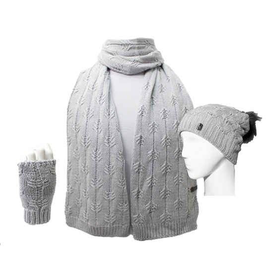 سه تکه طرح شکوفه کلاه-پوم-دار-و-شال-بلند-و-دستپوش-طرح-شکوفه-طوسی-روشن