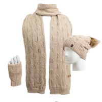 سه تکه طرح شکوفه کلاه پوم دار و شال بلند و دستپوش طرح شکوفه کرم تیره