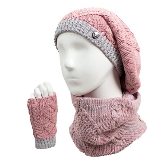 سه تکه آران مارپیچ مولینه کلاه-فرانسوی-و-شال-گردنی-و-دستپوش-مارپیچ-مولینه-صورتی