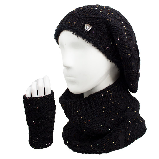 سه تکه آران مارپیچ طرح قلب پولک کلاه-فرانسوی-و-شال-گردنی-و-دستپوش-پولکی-مشکی