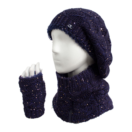 سه تکه آران مارپیچ طرح قلب پولک کلاه-فرانسوی-و-شال-گردنی-و-دستپوش-پولکی-سرمه-ای