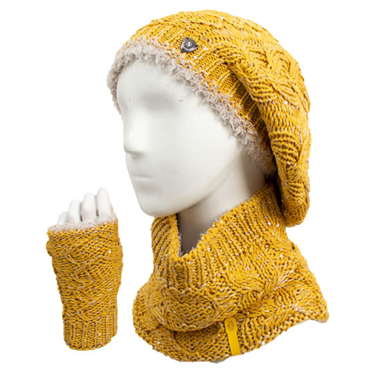 سه تکه آران مارپیچ طرح قلب پولک کلاه-فرانسوی-و-شال-گردنی-و-دستپوش-پولکی-خردلی