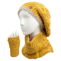 سه تکه آران مارپیچ طرح قلب پولک کلاه فرانسوی و شال گردنی و دستپوش پولکی خردلی