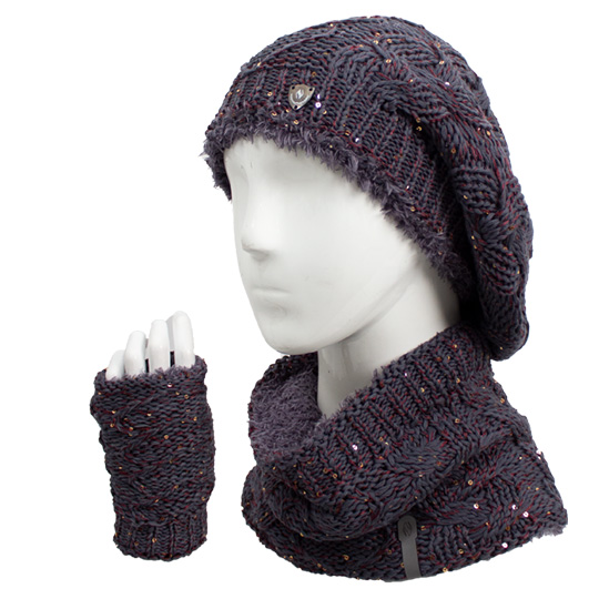 سه تکه آران مارپیچ طرح قلب پولک کلاه-فرانسوی-و-شال-گردنی-و-دستپوش-پولکی-طوسی-تیره