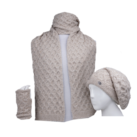 سه تکه آران طرح لونه زنبور کلاه-فرانسوی-و-شال-ساده-و-دستپوش-طرح-لونه-زنبور-مولینه-کرم-تیره