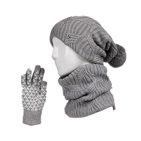 سه تکه آران طرح گندم کلاه-پوم-دار-شال-گردنی-دستکش-تاچ-طوسی