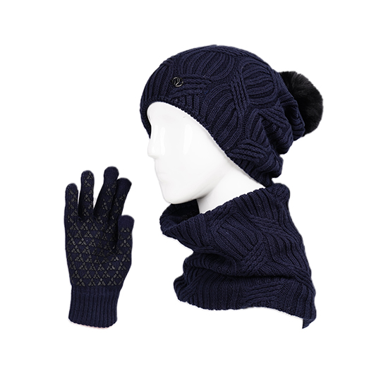 سه تکه آران طرح گندم کلاه-پوم-دار-شال-گردنی-دستکش-تاچ-سرمه-ای