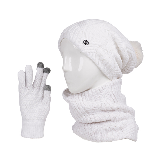 سه تکه آران طرح گندم کلاه-پوم-دار-شال-گردنی-دستکش-تاچ-سفید