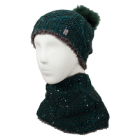 دو تکه آران لوزی با نخ پولک کلاه پوم دار و شال رینگی داخل خز نخ پولک سبز