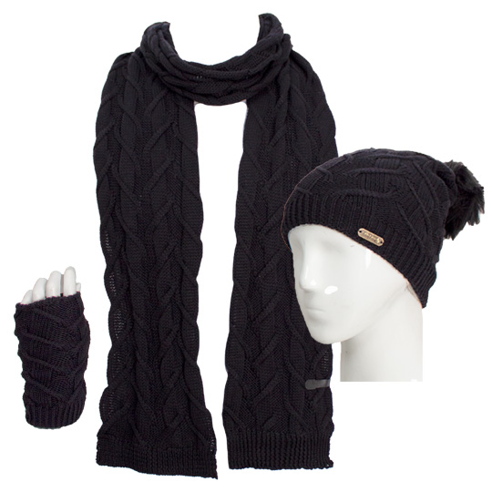 سه تکه آران طرح برگ کلاه-پوم-دار-و-شال-و-دستپوش-مشکی