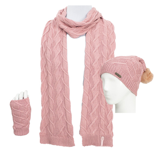 سه تکه آران طرح برگ کلاه-پوم-دار-و-شال-و-دستپوش-صورتی-چرک