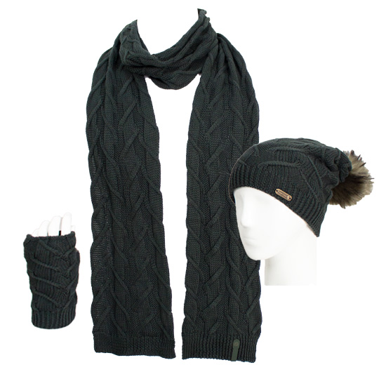 سه تکه آران طرح برگ کلاه-پوم-دار-و-شال-و-دستپوش-سبز-تیره