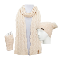 سه تکه آران طرح برگ کلاه پوم دار و شال و دستپوش کرم