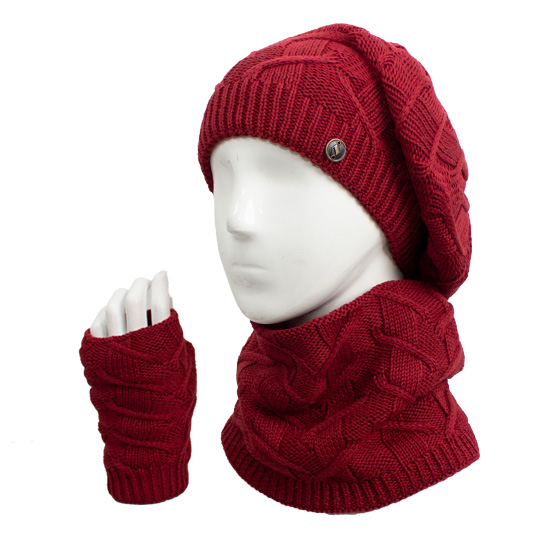 سه تکه آران طرح زیگزال کلاه-فرانسوی-و-شال-گردنی-و-دستپوش-داخل-پرز-زرشکی