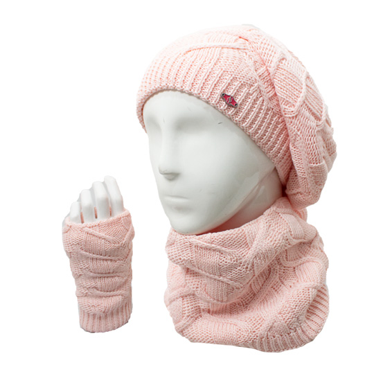 سه تکه آران طرح زیگزال کلاه-فرانسوی-و-شال-گردنی-و-دستپوش-داخل-پرز-صورتی-روشن