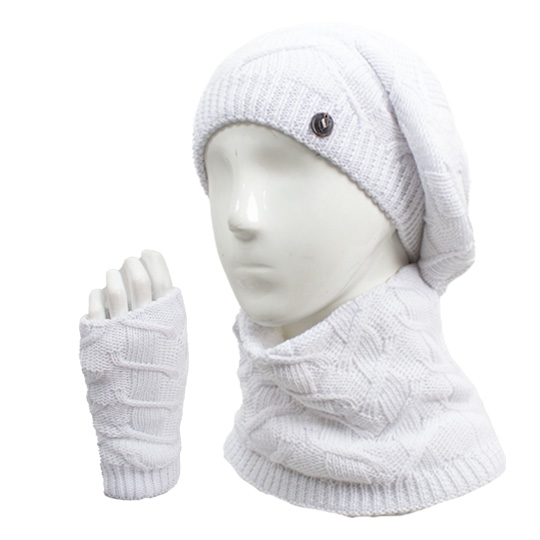 سه تکه آران طرح زیگزال کلاه-فرانسوی-و-شال-گردنی-و-دستپوش-داخل-پرز-سفید