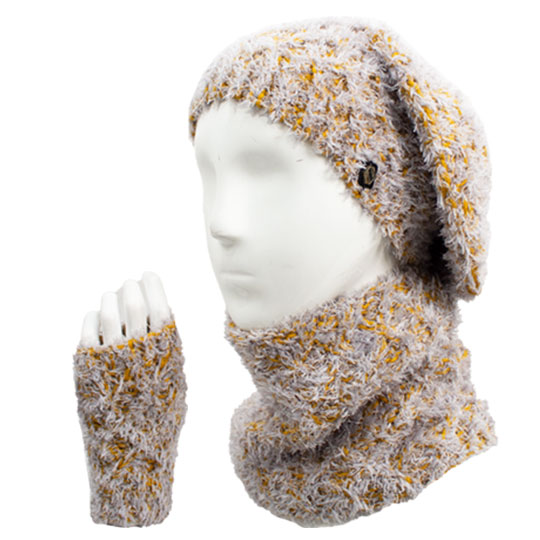 سه تکه آران ضربدری با نخ پرز کلاه-فرانسوی-شال-گردنی-و-دستپوش-با-نخ-پرز-خردلی