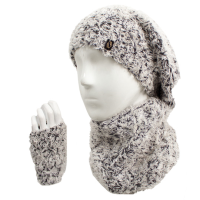 سه تکه آران ضربدری با نخ پرز کلاه فرانسوی شال گردنی و دستپوش با نخ پرز طوسی تیره