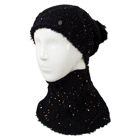 دو تکه آران لوزی با نخ پولک کلاه-پوم-دار-و-شال-رینگی-داخل-خز-نخ-پولک-مشکی