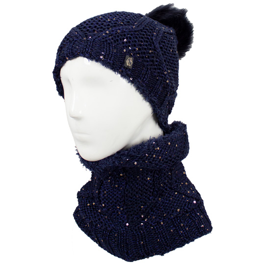 دو تکه آران لوزی با نخ پولک کلاه-پوم-دار-و-شال-رینگی-داخل-خز-نخ-پولک-سرمه-ای