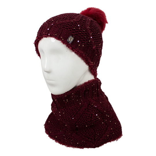 دو تکه آران لوزی با نخ پولک کلاه-پوم-دار-و-شال-رینگی-داخل-خز-نخ-پولک-زرشکی