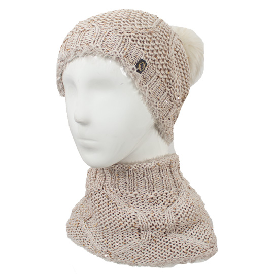 دو تکه آران لوزی با نخ پولک کلاه-پوم-دار-و-شال-رینگی-داخل-خز-نخ-پولک-کرم